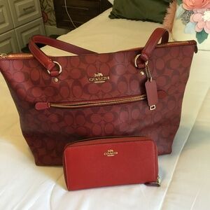 COACH Gallery Tote Bag in Signature Canvas Red with Coordinating Wallet